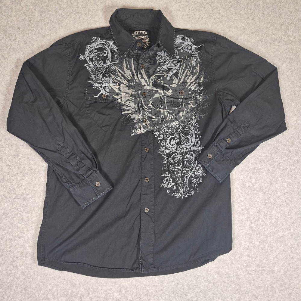 Y2K Modern Culture Button Down Shirt Mens Large Black Graphic Print Streetwear